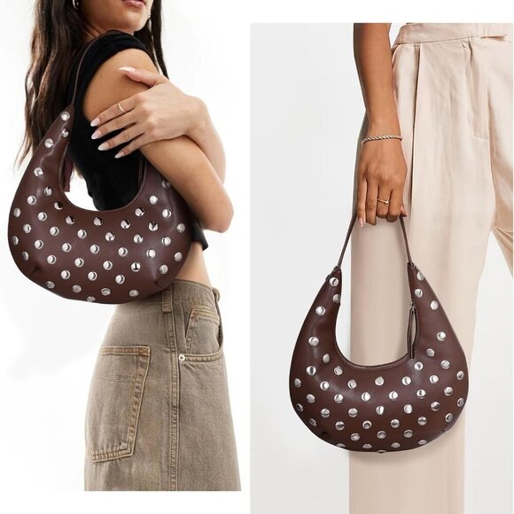 Y2k Bag Small Shoulder Bags for Women Trendy Crescent Studded Handbag Hobo Under - Picture 2 of 6